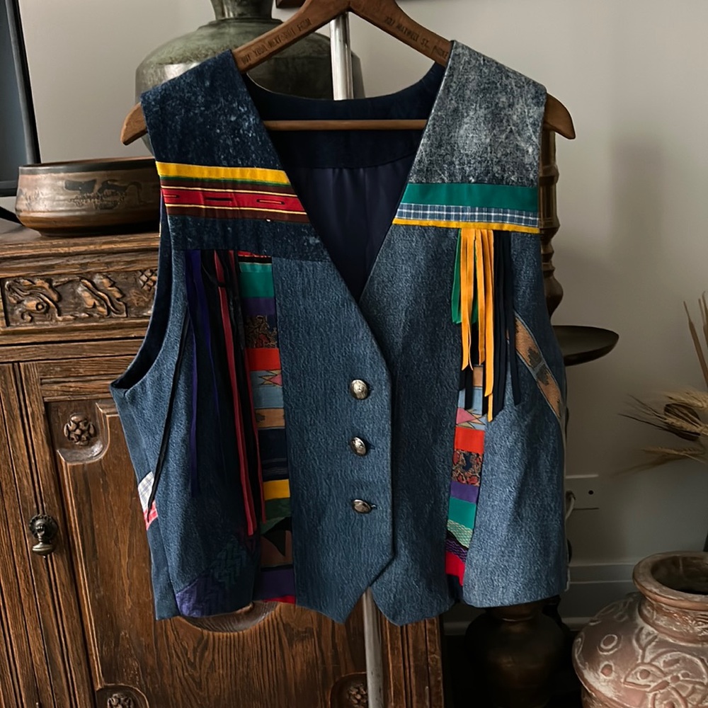 VINTAGE Patchwork Denim Vest with Fringe  HANDMADE - Picture 2 of 4